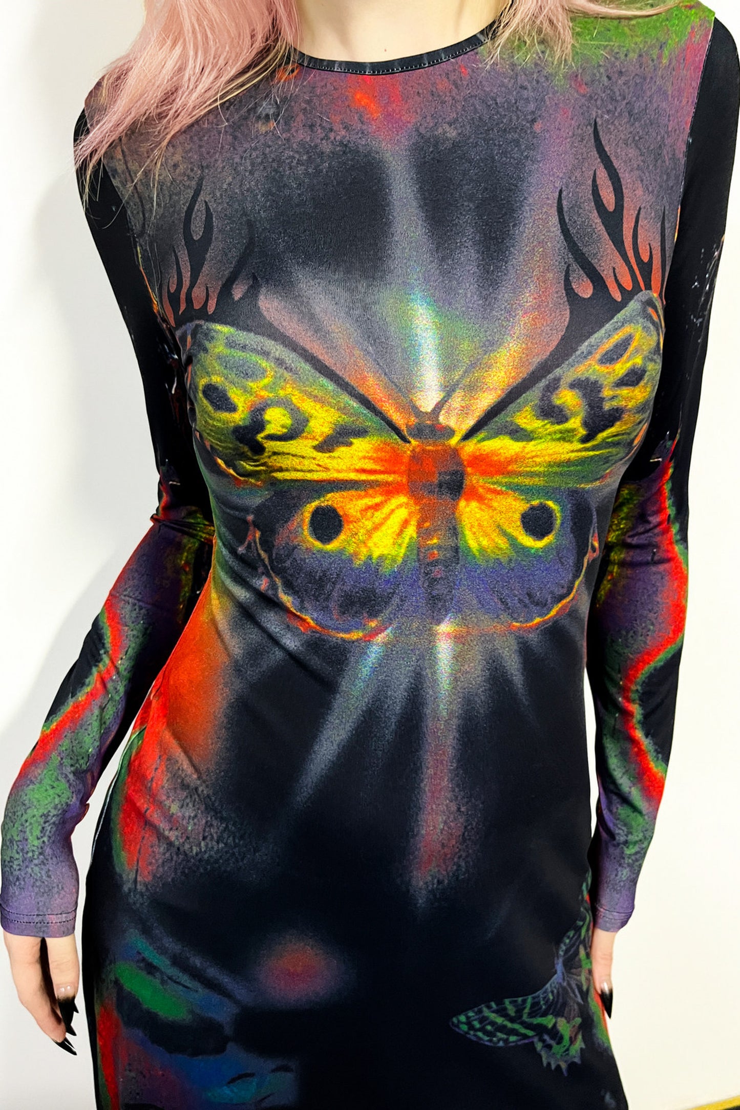 Butterfly Print Flame Long-Sleeved Dress
