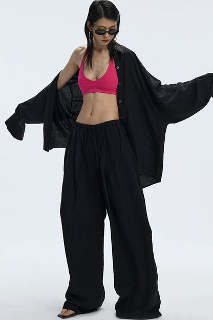 Black Textured Resort Shirt Pants Set-Up