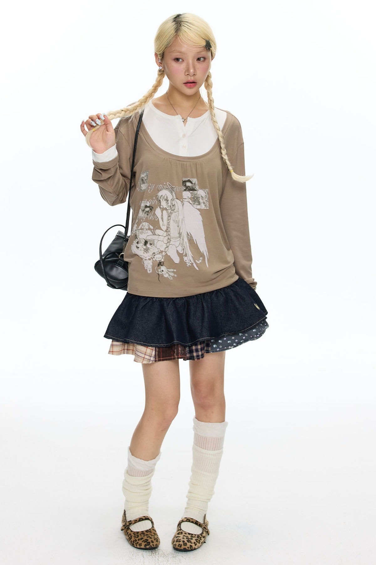 Brown Layered-Look Long Sleeve T-Shirt