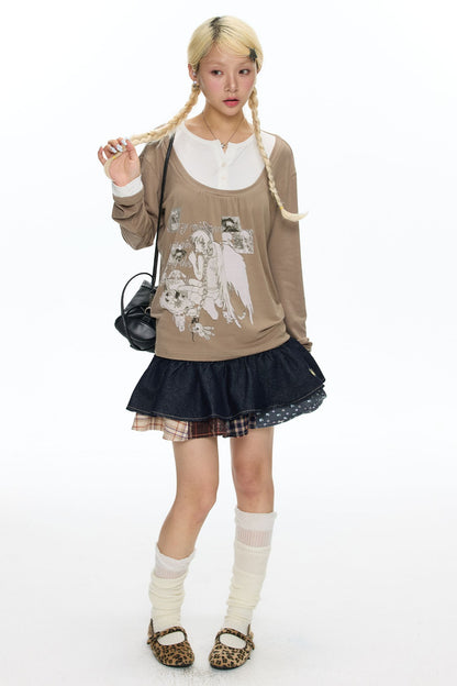 Brown Layered-Look Long Sleeve T-Shirt