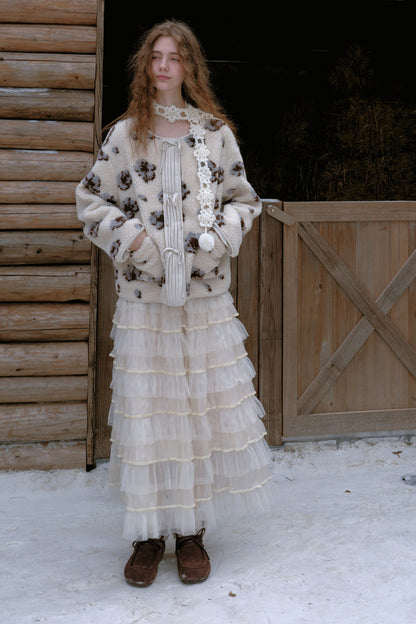 Gesteppte Fleecejacke mit Blumen und Schleife