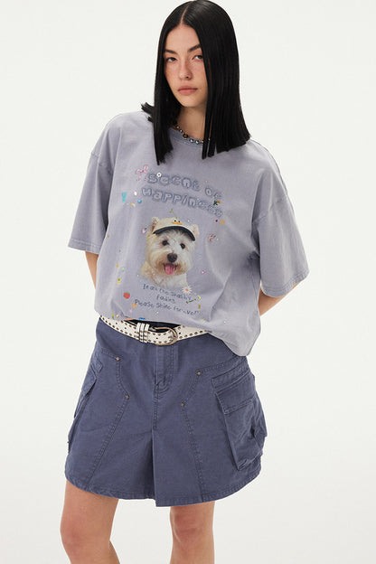 Rhinestone Cartoon Dog Drop Shoulder T-Shirt