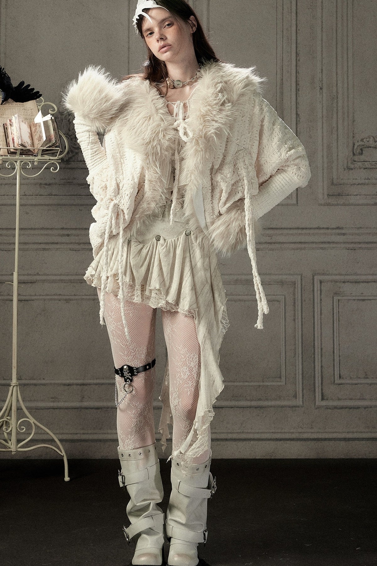 Beige Fur Collar Batwing Knit Jacket