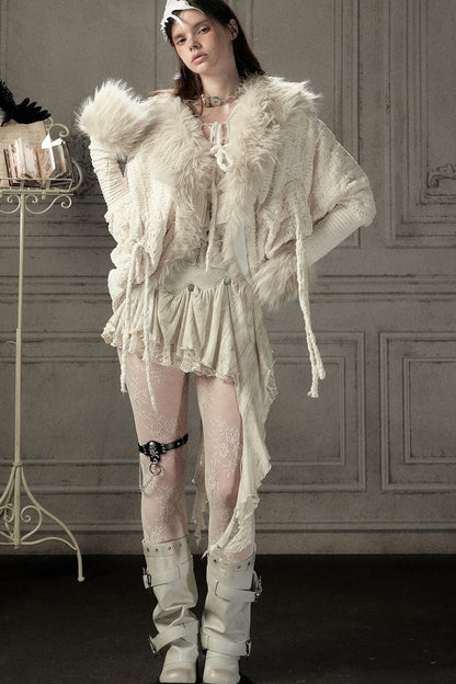 Beige Fur Collar Batwing Knit Jacket