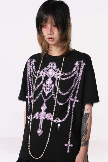 Gothic Cross Chain Rib Cage Lace T-Shirt
