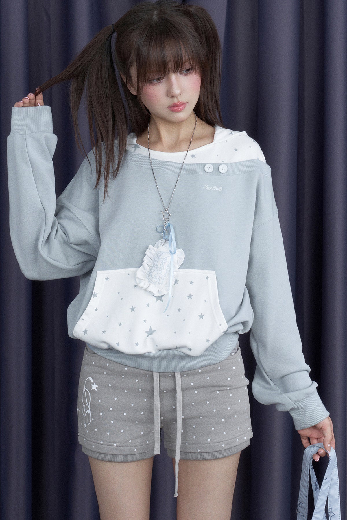 Blue White Star Layered-Look Hooded Sweatshirt