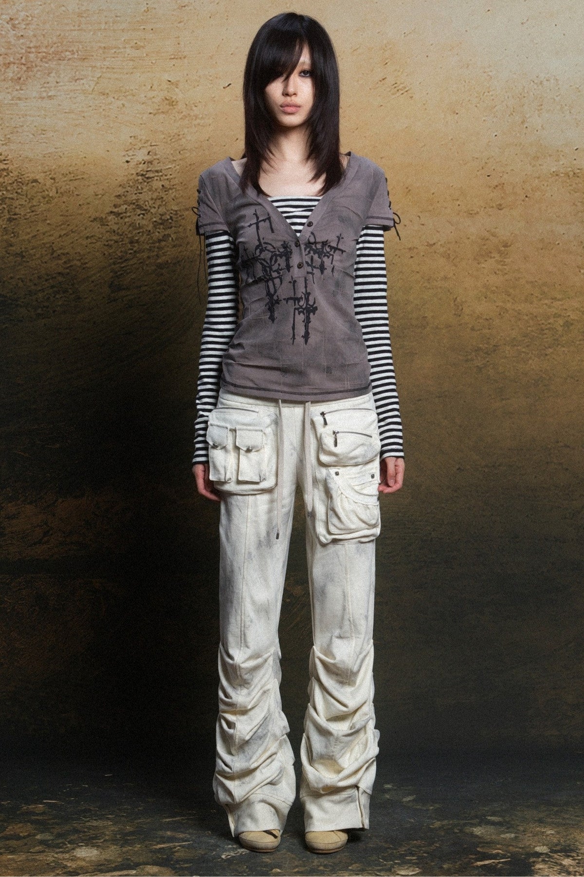 Cross Print Layered-Look V-Neck T-Shirt