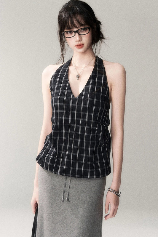 Textured Cotton Plaid Halter Camisole