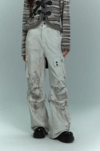 Dirty-Washed Multi-Pocket Wide-Leg Cargo Pants