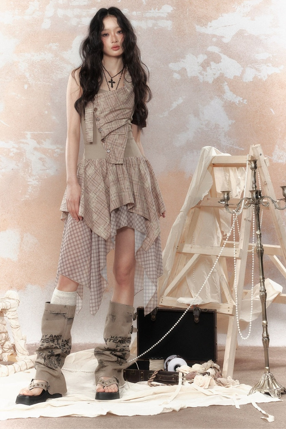 Plaid Asymmetrical Halter Dress