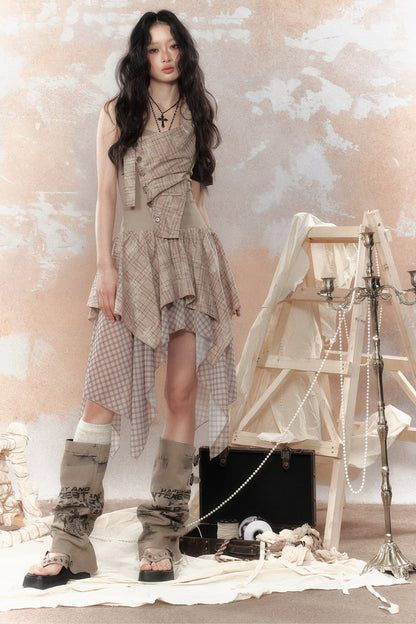Plaid Asymmetrical Halter Dress