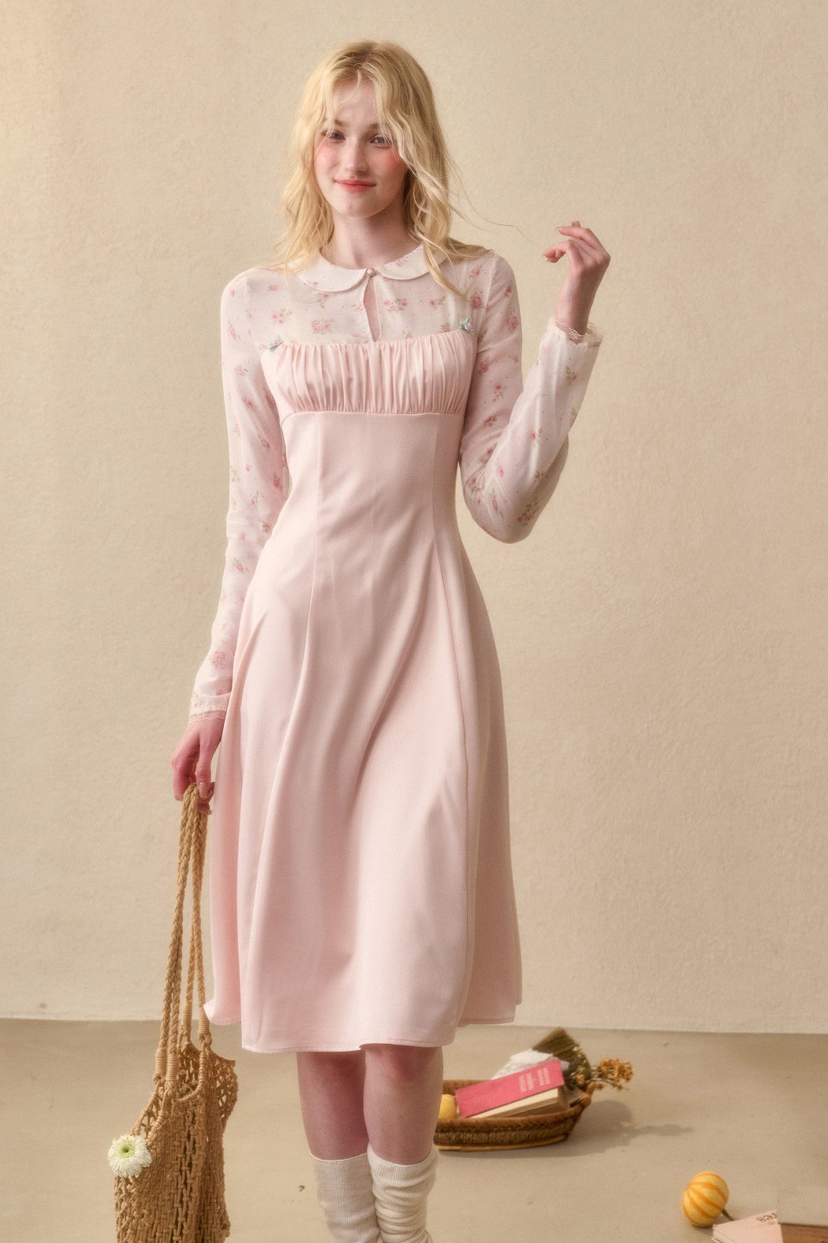 Peach Floral Satin Tencel Dress Set-Up