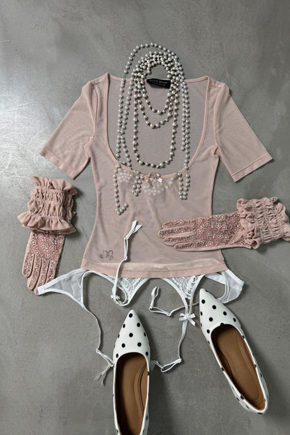 Detachable Lace Bow Long-Sleeved T-Shirt Set