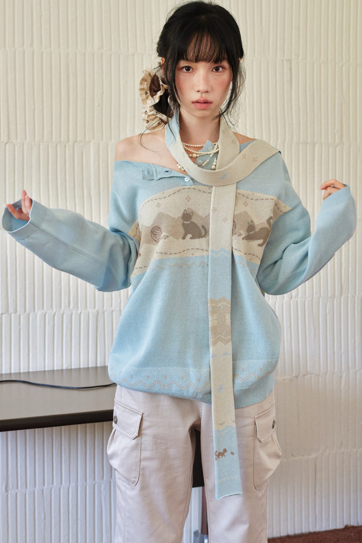 Korean Style Cat Pom-Pom Cover-Up Set-Up