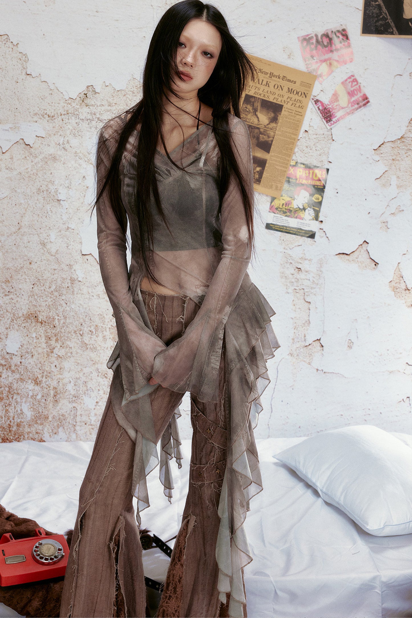 Semi-Sheer Ruffle Mesh Top