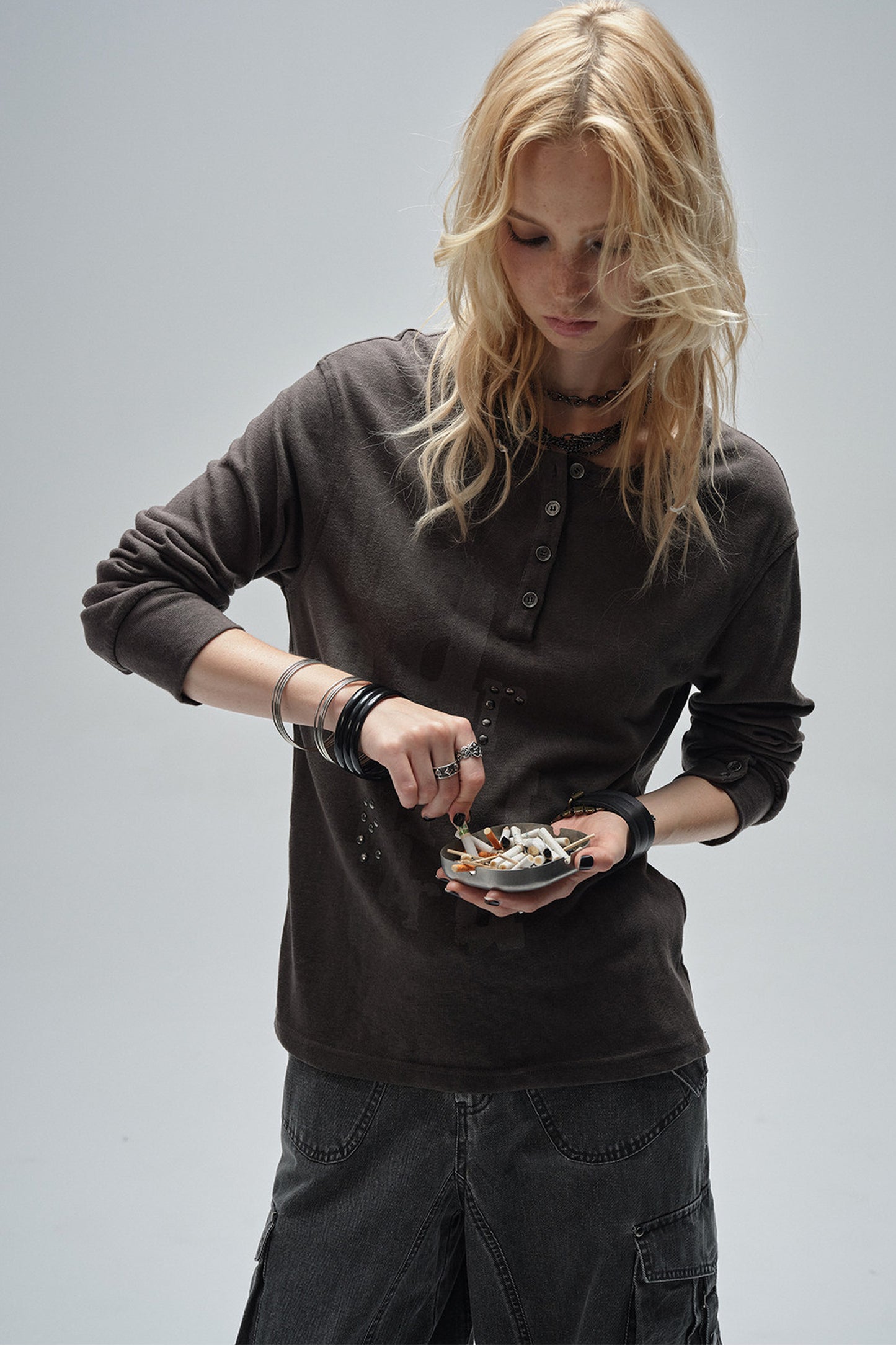 Half-Placket Printed Rhinestone Ruched Sleeve T-Shirt