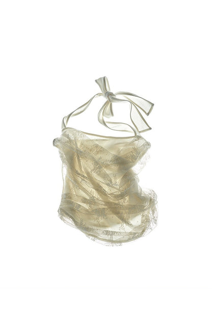 Doppellagiges trägerloses Drapé-Top mit Neckholder und Spitzen-Jacquard