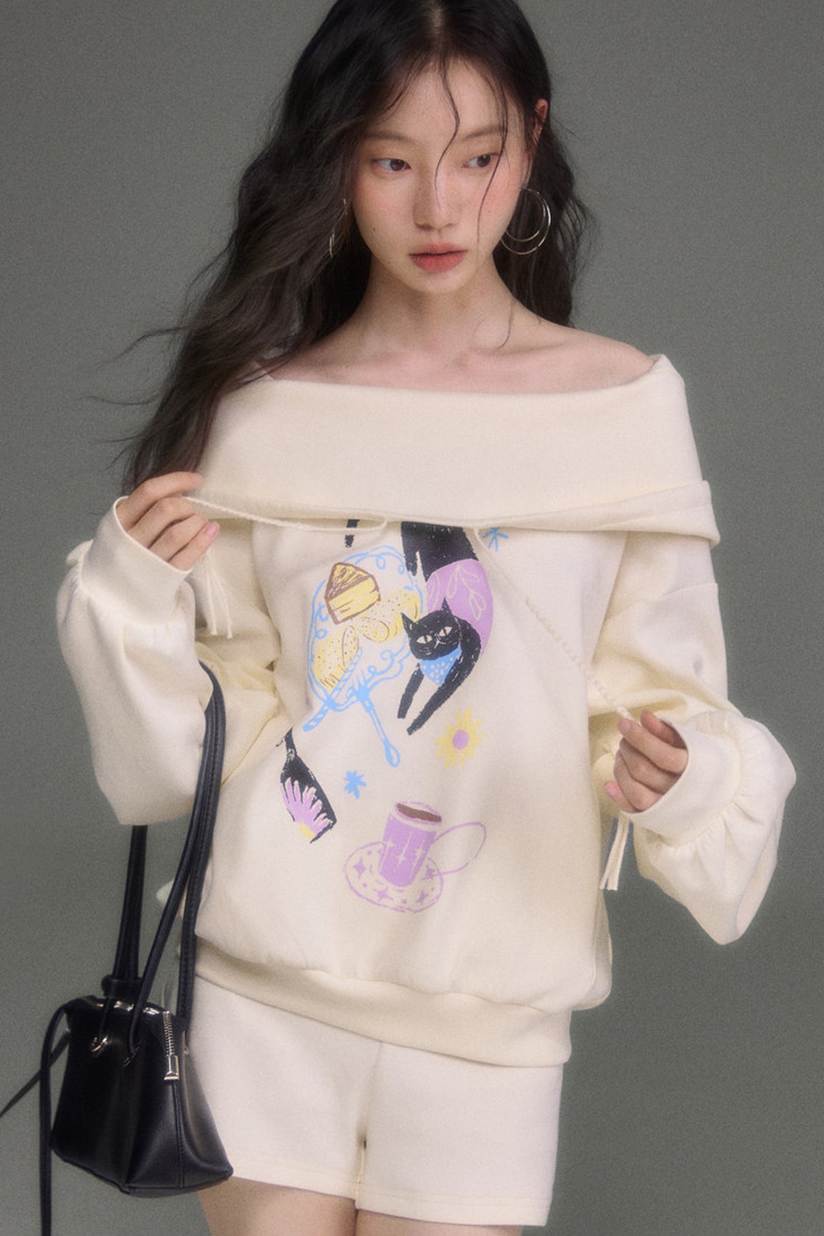 Cat Print Hooded Off-Shoulder Sweatshirt Shorts Set-Up