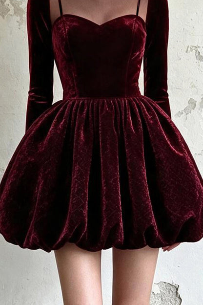 Straight Velvet High Neck Puff Dress