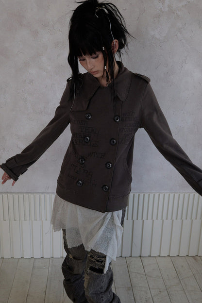 Trench Style Printed Unhemmed Double-Breasted Jacket