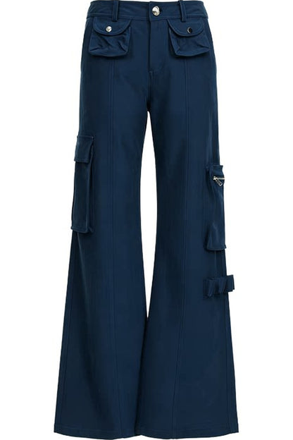 Navy Blue Multi-Pocket Wide-Leg Pants