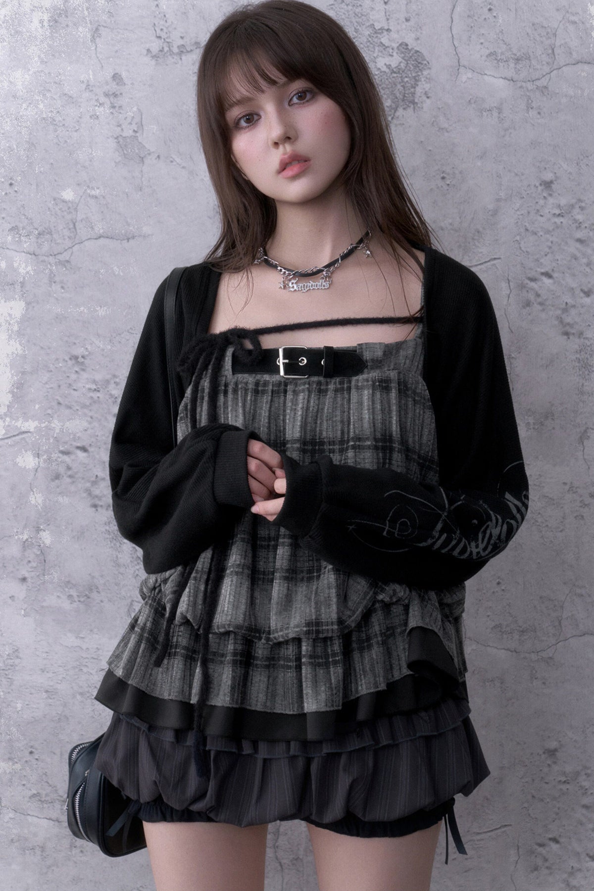Dark Print Knitted Lantern Sleeve Cover-Up