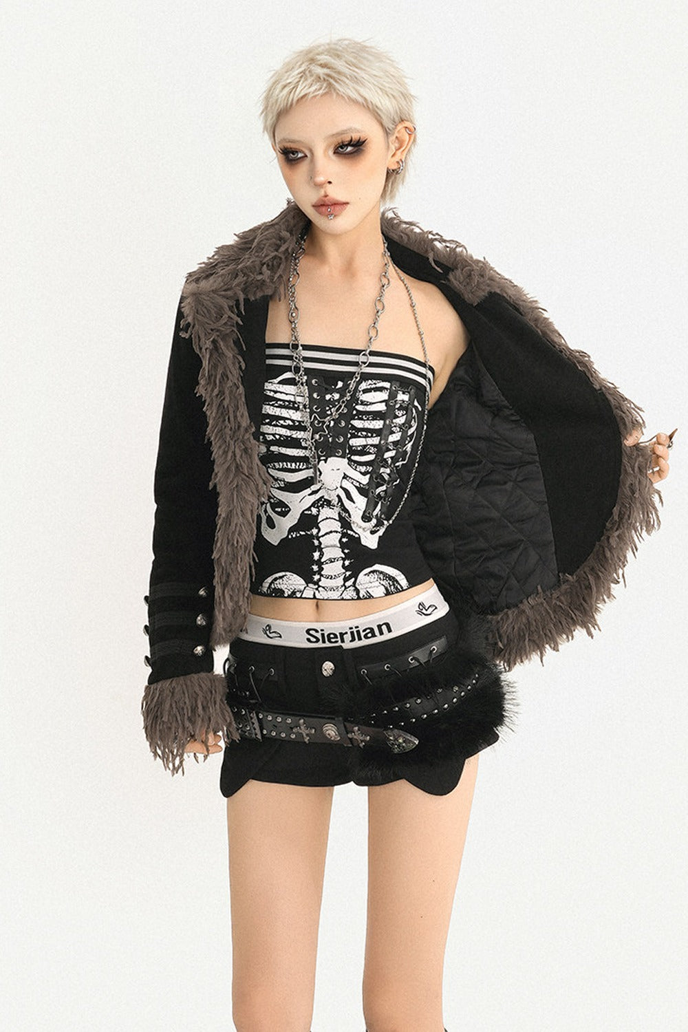 Retro Punk Black Fur Collar Jacket