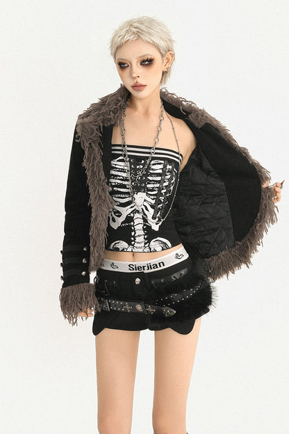 Retro Punk Black Fur Collar Jacket