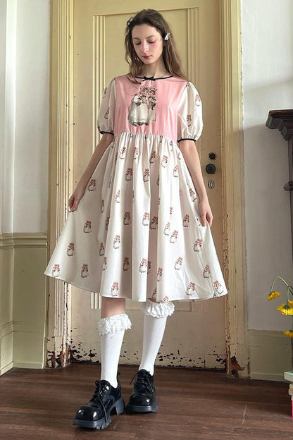 Vintage-Kurzarmkleid mit Puppen-Print