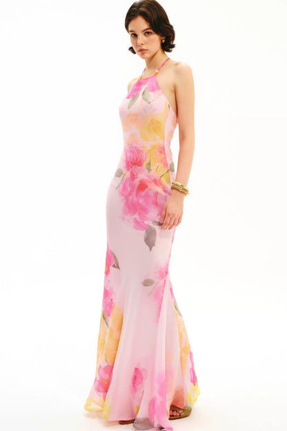 Watercolor Floral Halter Maxi Dress