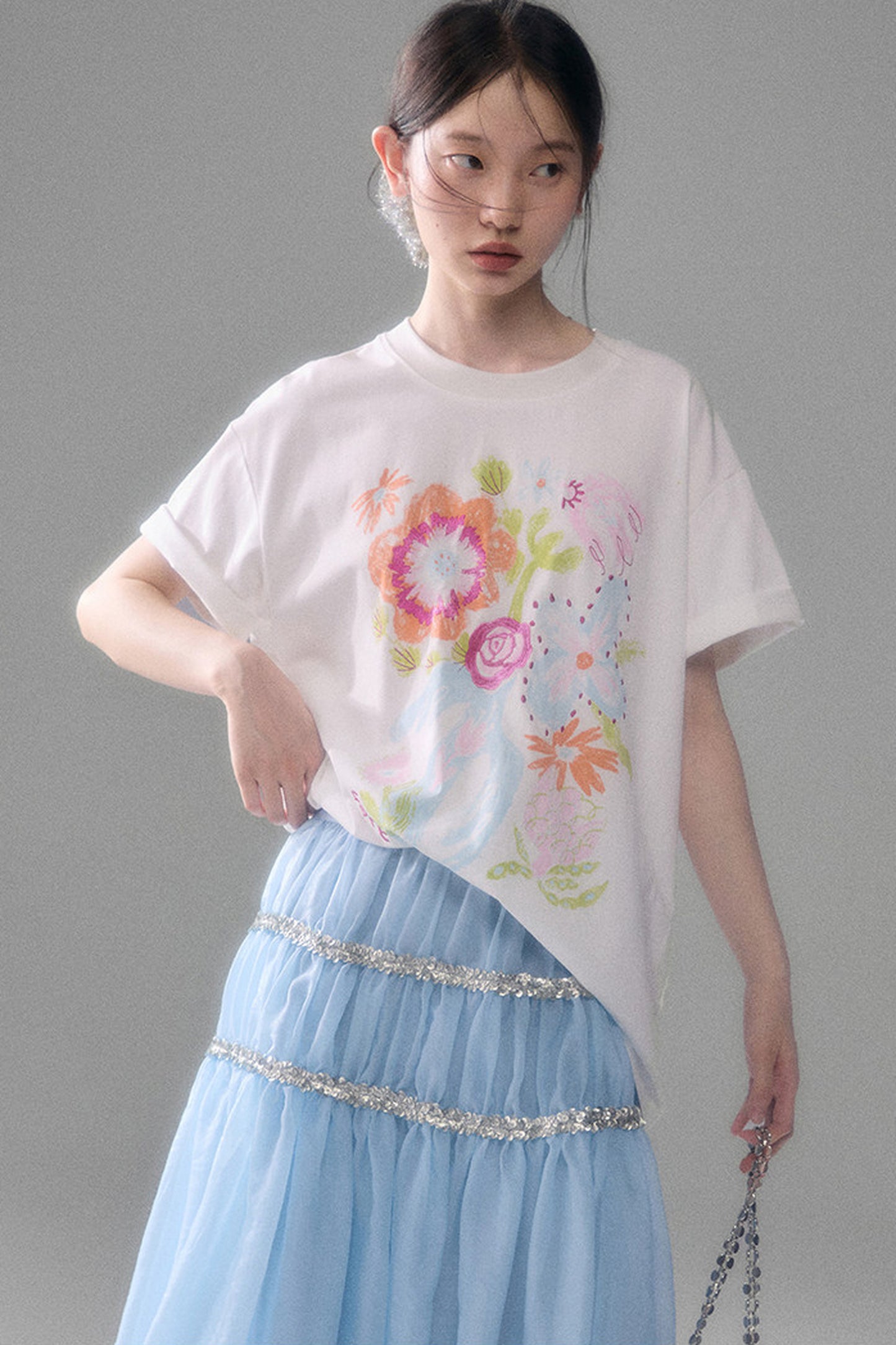 Hand-Painted Floral Bird Embroidered T-Shirt