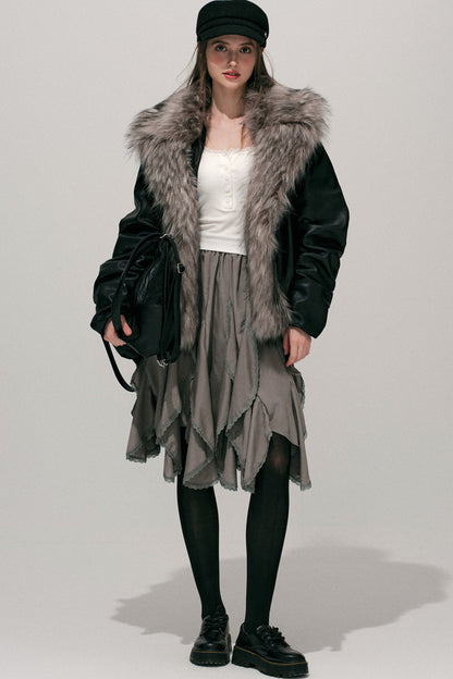 Large Fur Collar Leather Jacket