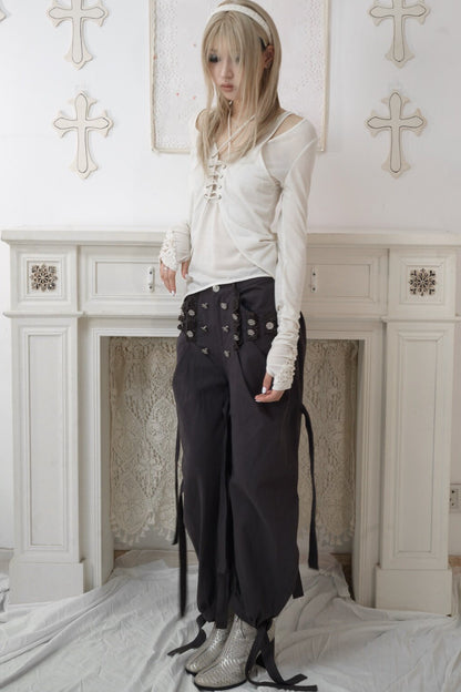 Adjustable Lace-Up Rivet Low-Waist Pants