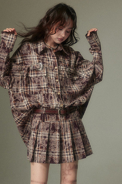 Plaid Shirt and Pleated Skirt Set-Up