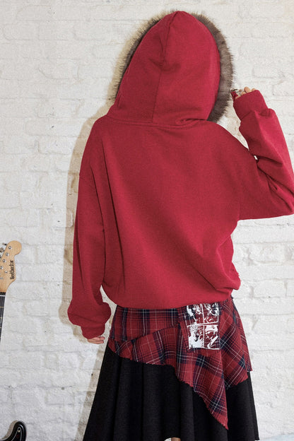 Distressed Fur Collar Hooded Cardigan