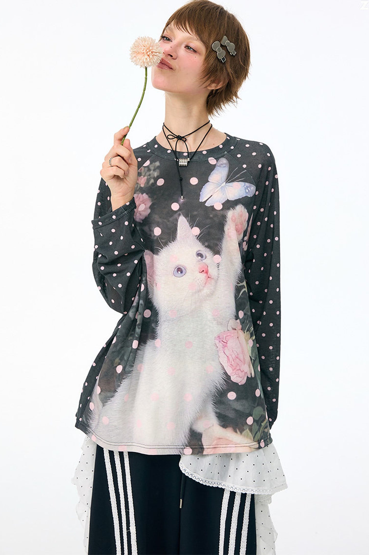 Blouse à imprimé chat et pois