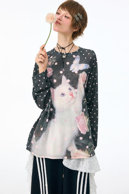 Blouse à imprimé chat et pois