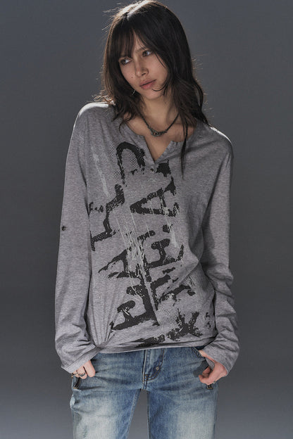 Silver Broken Print V-Neck Long-Sleeved T-Shirt