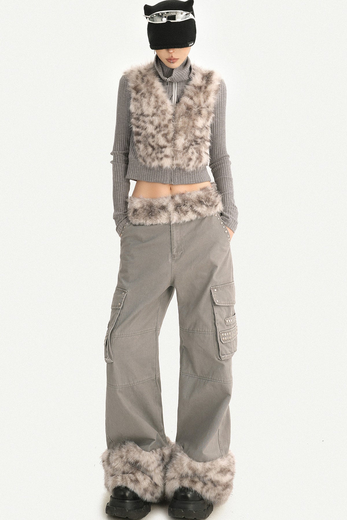 Leopard Plush Patchwork Wide-Leg Straight Workwear Pants