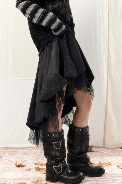 Black Asymmetrical Lace Splicing Polka Dot Skirt