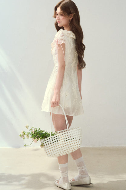 Rose Embroidered Square Neck Long Dress