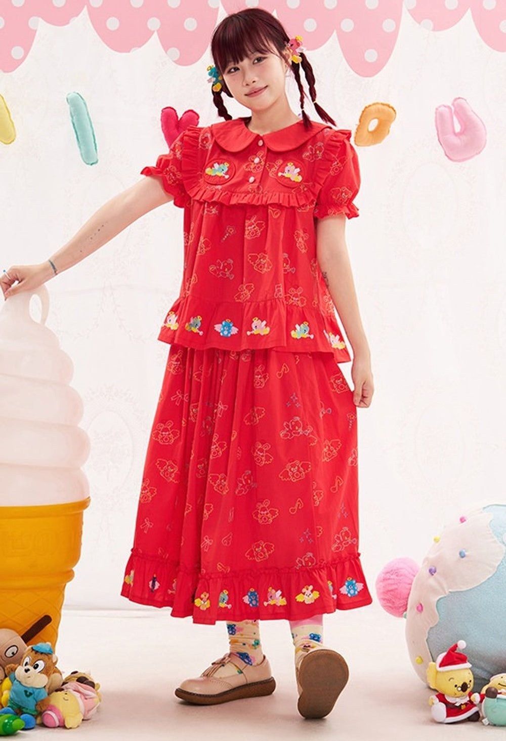 Red Animal Angel Embroidery Skirt