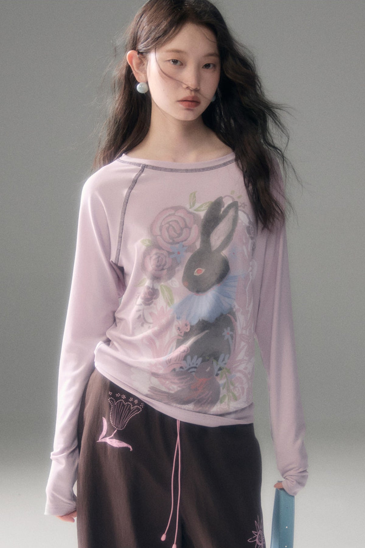 Bunny Print Tencel Long-Sleeved T-Shirt and Pants Set-Up