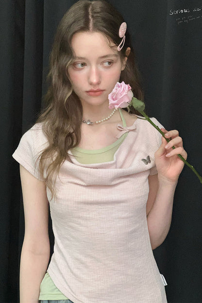 Pink Drape Neck Layered Short Sleeve Top