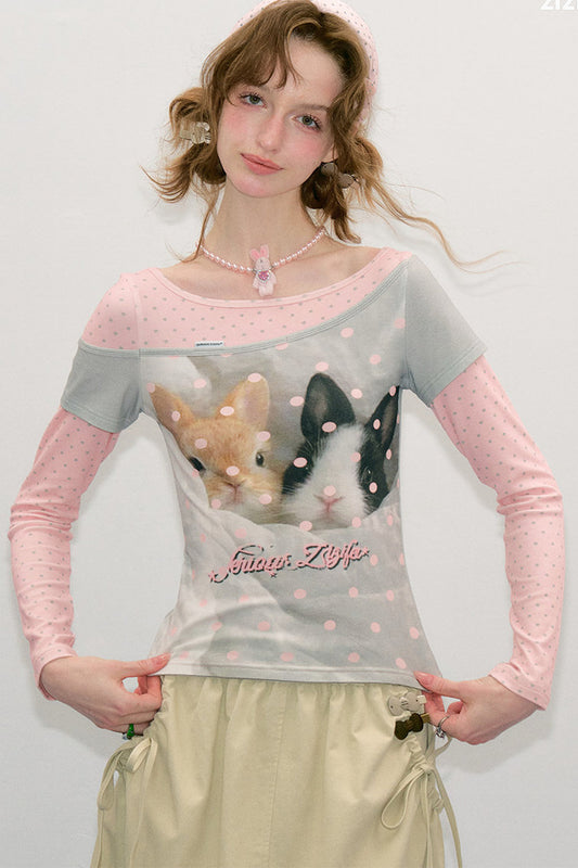 Haut color-block en patchwork avec imprimé lapin