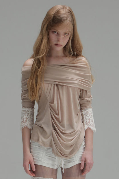 Pleated Cowl Neck Lace Trim Top