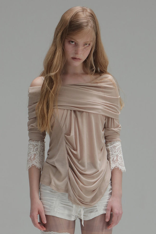 Pleated Cowl Neck Lace Trim Top