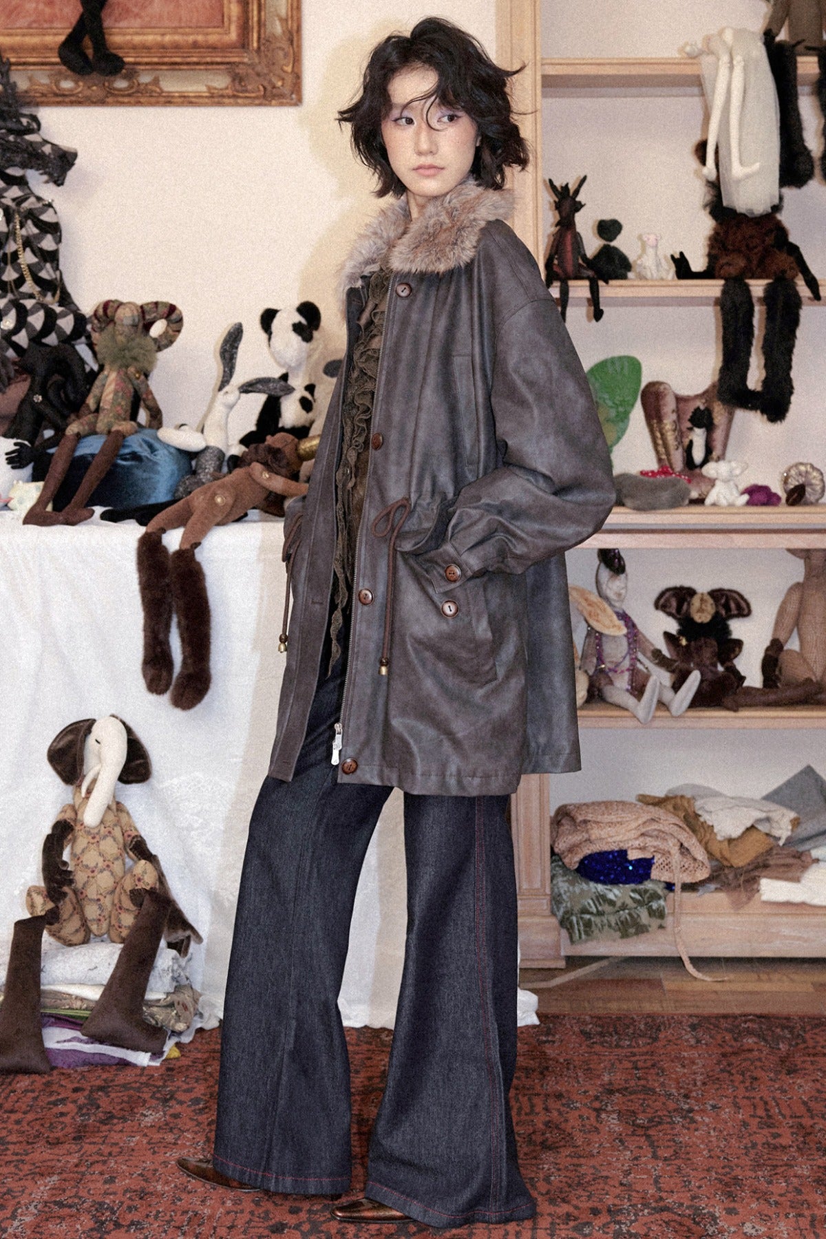 Fleece-Lined Detachable Fur Collar Leather Jacket