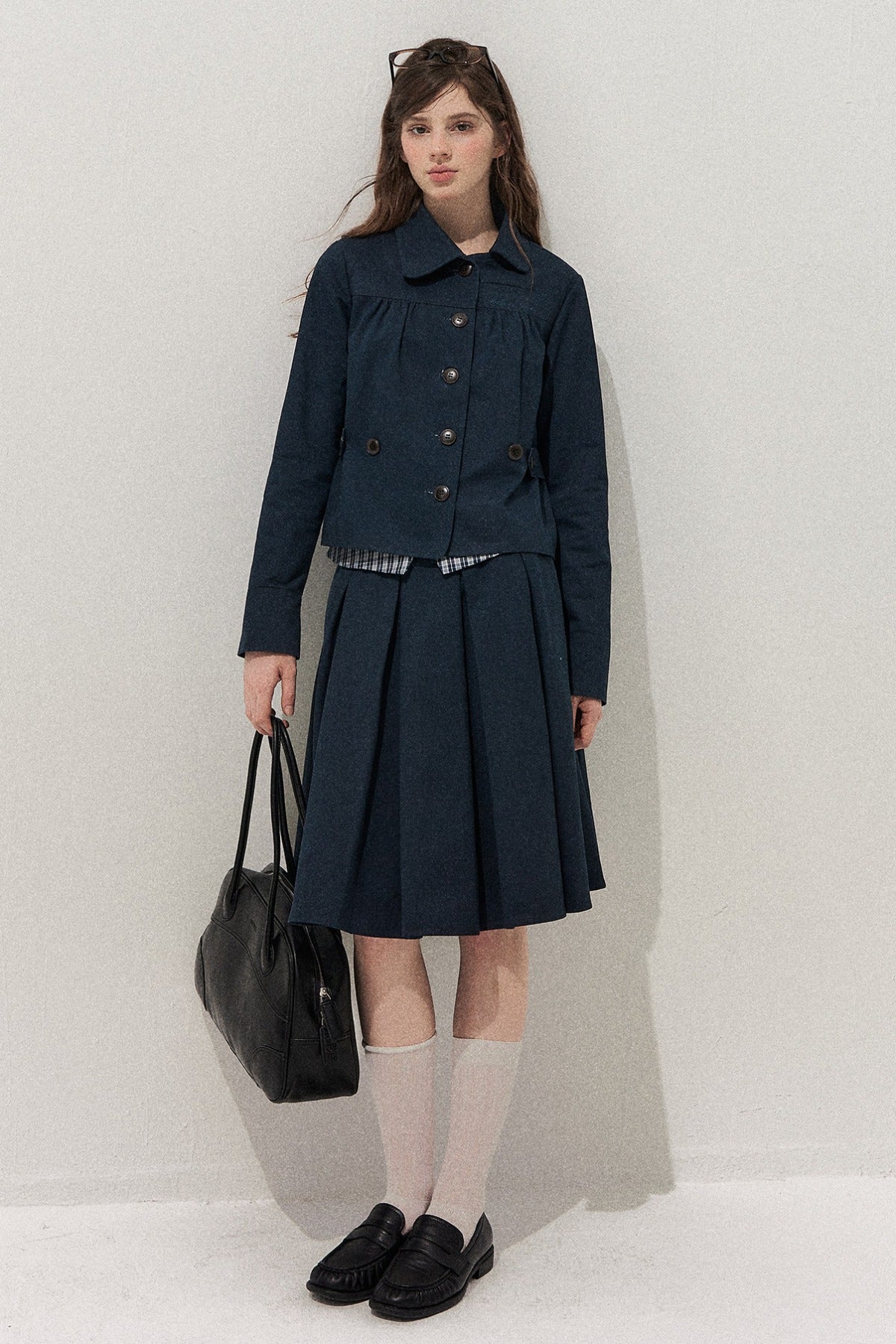 Navy Denim Jacket and Pleated Skirt Set-Up
