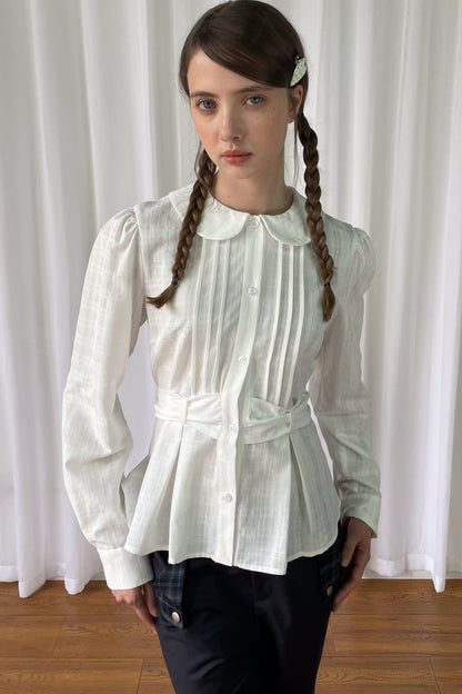 White Doll Collar Pleated Belt Shirt